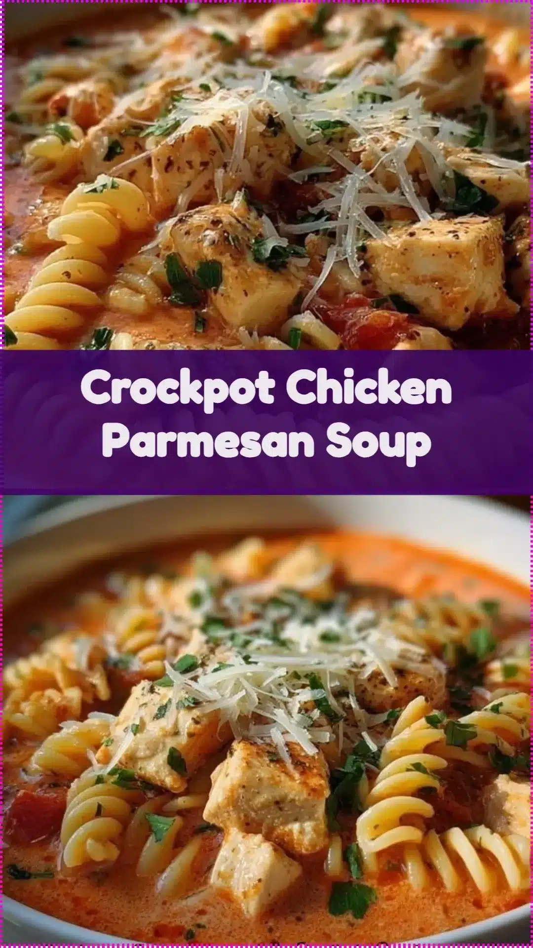 Bowl of creamy Crockpot Chicken Parmesan Soup topped with cheese and parsley