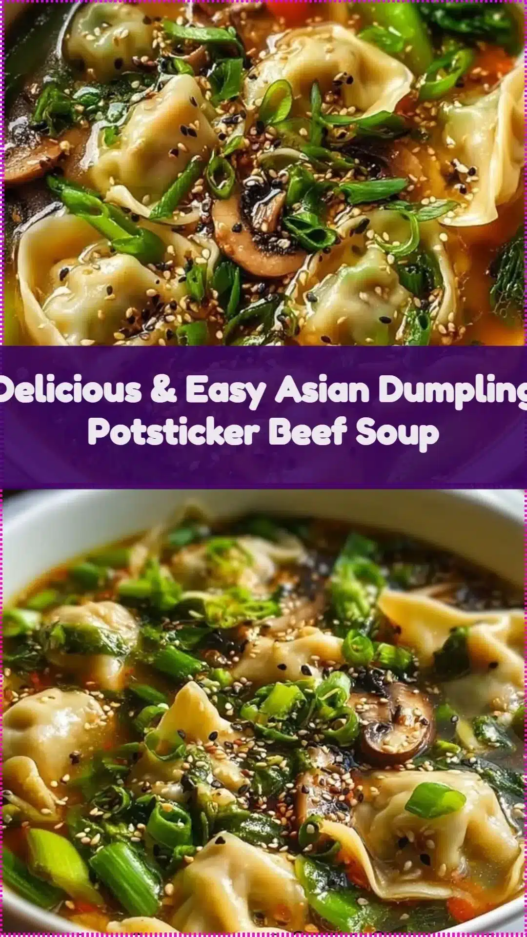 Bowl of delicious Asian dumpling potsticker beef soup with herbs and spices
