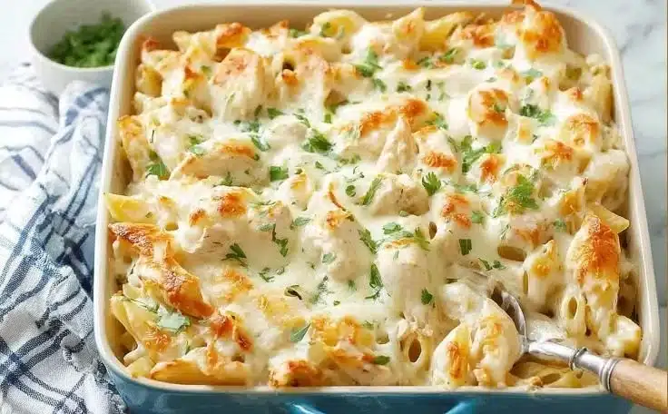 Delicious Chicken Alfredo Casserole topped with cheese and herbs, ready to serve.