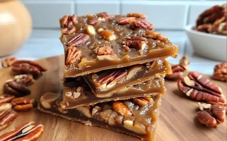 Delicious easy pecan pie bark with nuts drizzled in caramel.