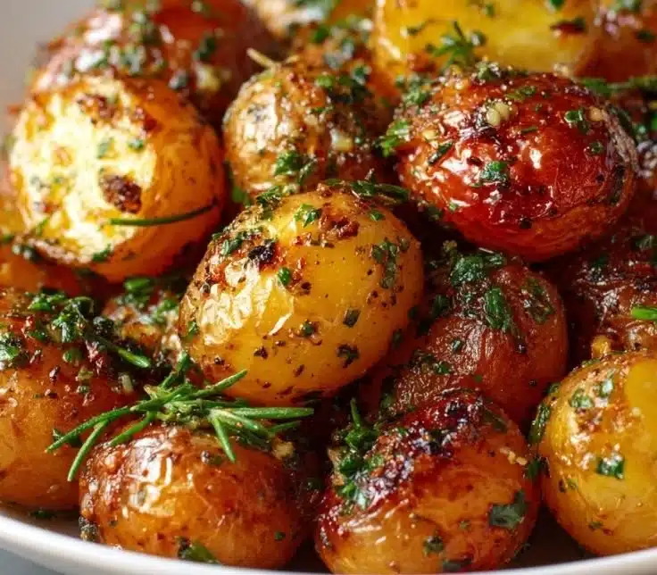Delicious garlic butter roasted baby potatoes on a serving plate.