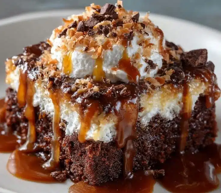 Slice of German Chocolate Poke Cake with coconut and pecan topping