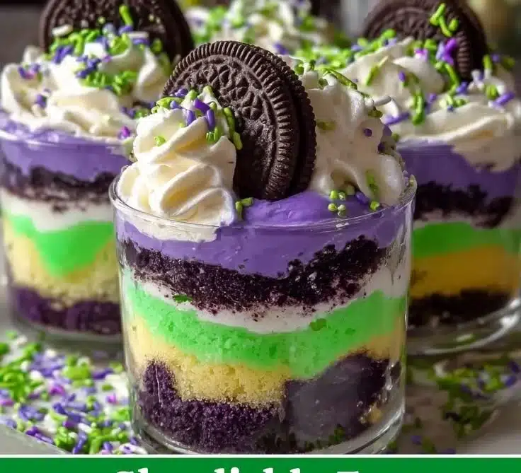 Ghoulishly fun Beetlejuice mini trifles in spooky glasses for Halloween
