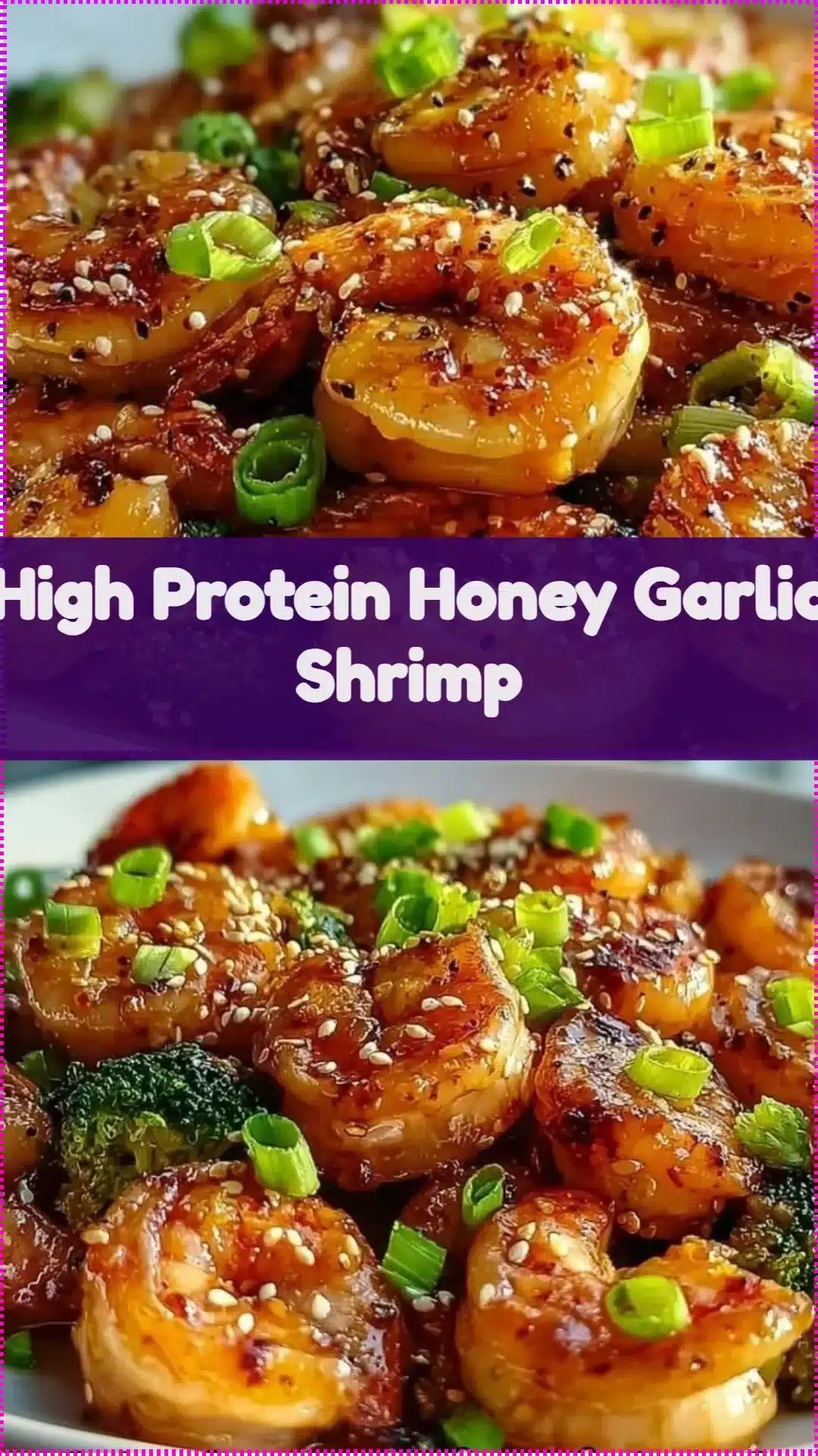 Plate of high protein honey garlic shrimp garnished with green onions.