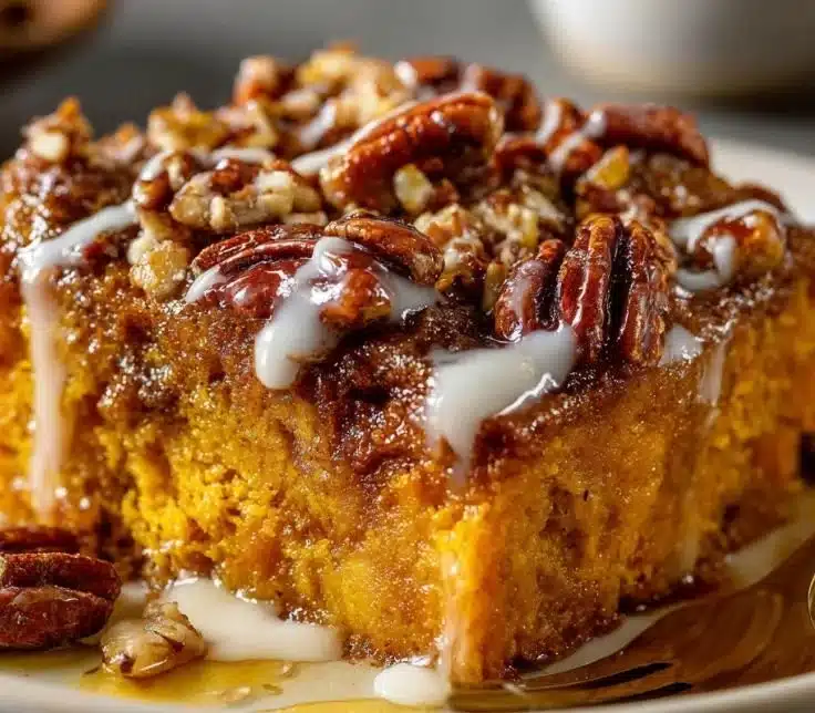 Honey Butter Sweet Potato Casserole dish topped with buttery honey glaze