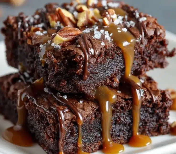 Irresistible gooey turtle earthquake brownies topped with chocolate and caramel