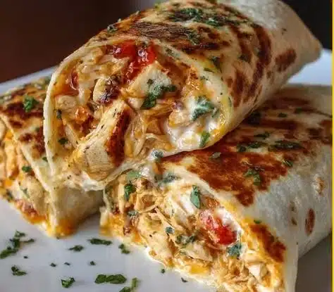 Cheesy garlic chicken wraps with melted cheese and grilled chicken filling.