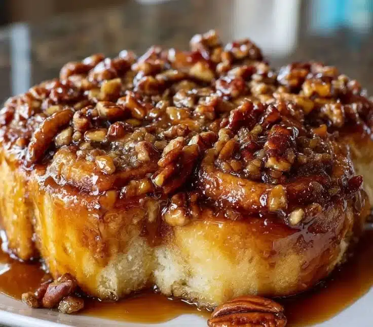 Freshly baked Pecan Sticky Buns with gooey caramel and toasted pecans.