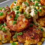 Plate of shrimp and corn fritters served with dipping sauce