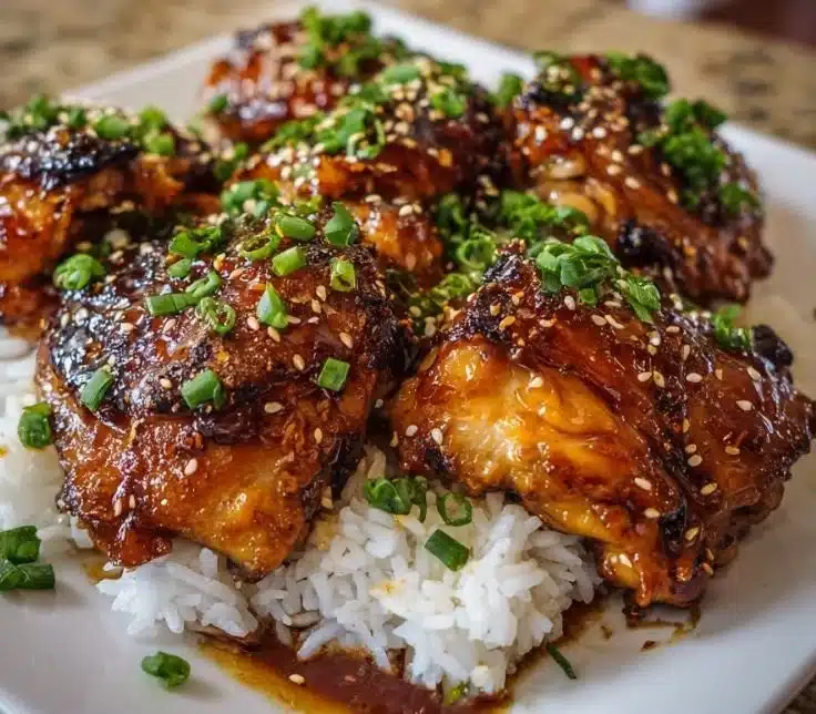 Plate of slow cooker honey garlic chicken garnished with green onions.