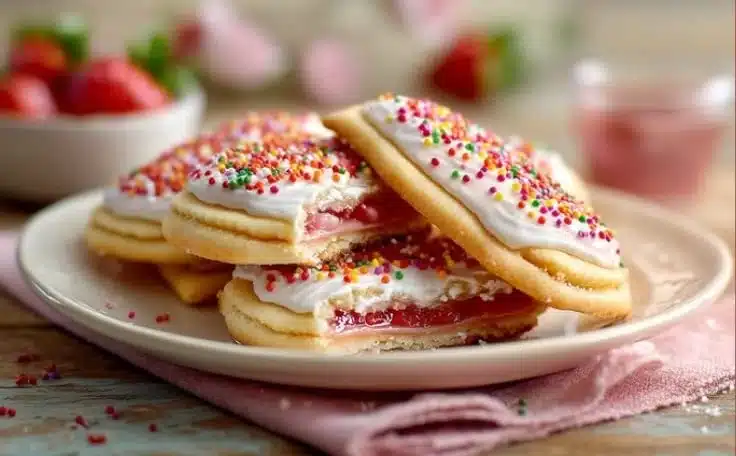 Freshly baked Strawberry Pop-Tart cookies with jam center