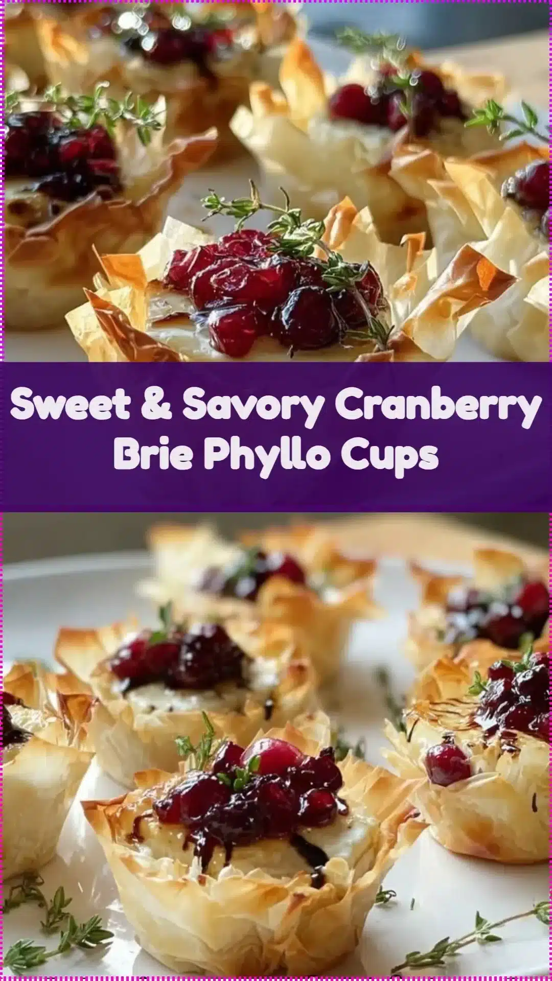 Sweet and savory cranberry brie phyllo cups served on a platter.