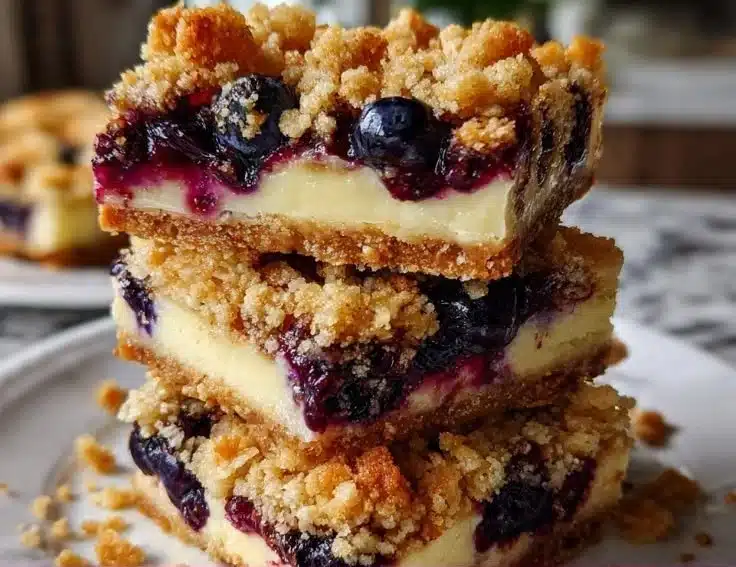 Blueberry cheesecake crumble bars served on a white plate with fresh blueberries