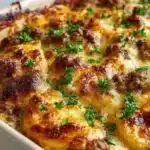 Cheesy hamburger potato casserole with melted cheese and ground beef layers.