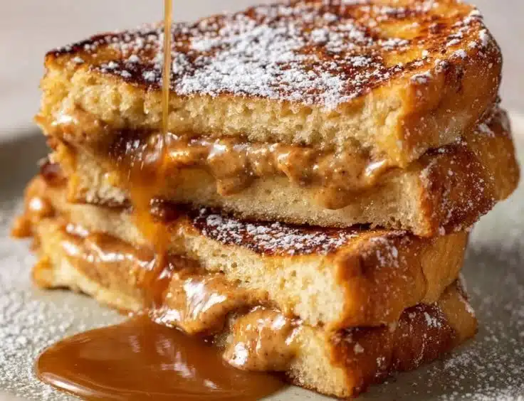 Delicious cookie butter French toast topped with syrup and powdered sugar