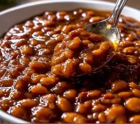 Delicious crockpot baked beans served in a bowl with fresh herbs on top.