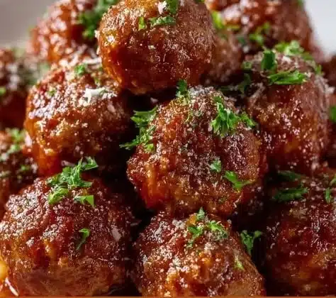 Easy crockpot meatballs served in a bowl with sauce and herbs