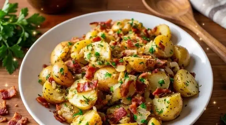 Bowl of easy German potato salad with herbs and dressing