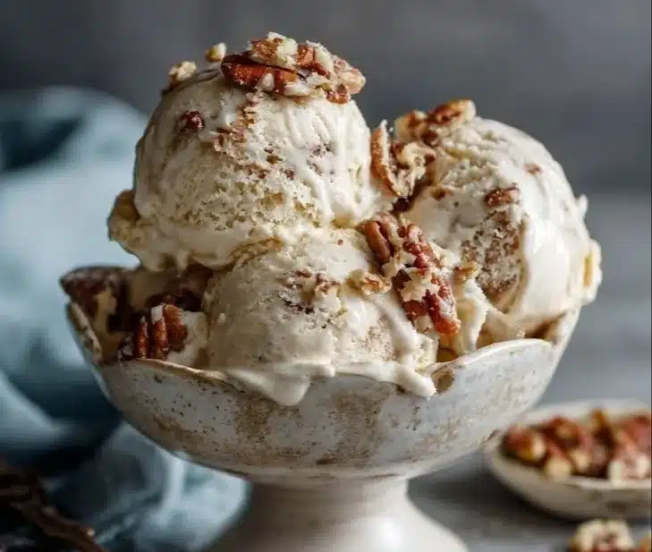 Homemade butter pecan ice cream with crunchy pecans in a bowl
