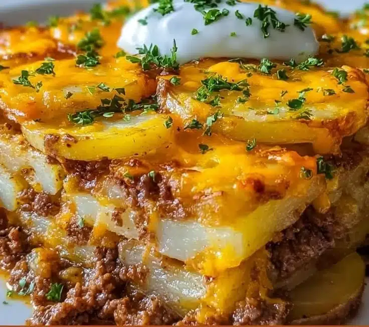 Loaded Beef and Potato Bake with melted cheese and herbs on top