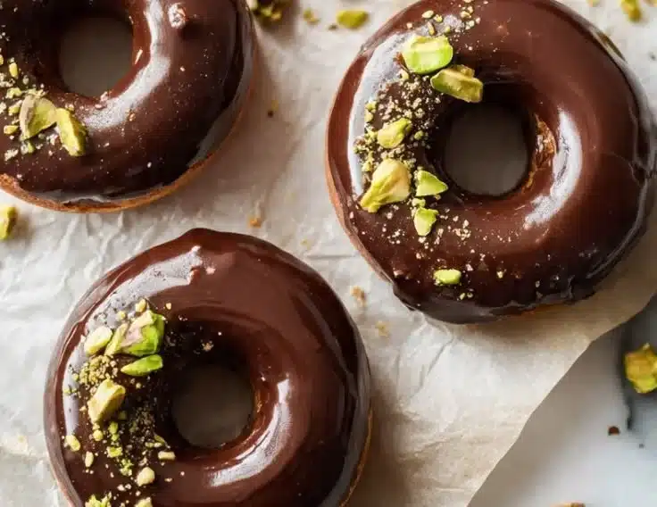 Freshly baked Pistachio Cream Donuts topped with nuts and icing.