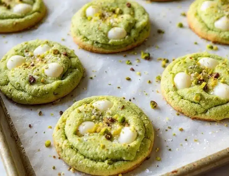 Pistachio cream white chocolate cookies stacked on a plate