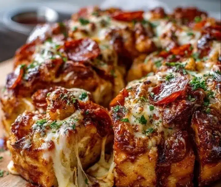 Plate of tasty Pizza Monkey Bread Bites served with marinara sauce.