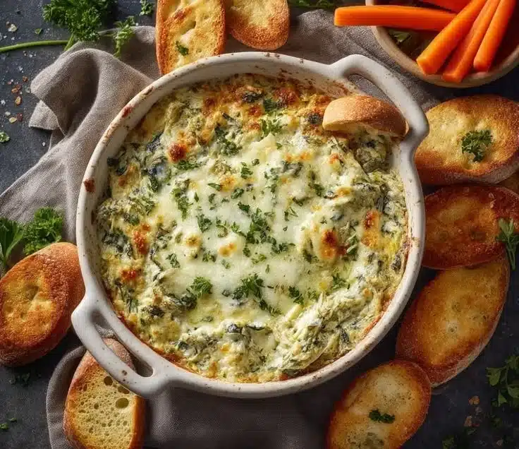 Creamy Spinach Artichoke Dip served in a bowl with fresh vegetables