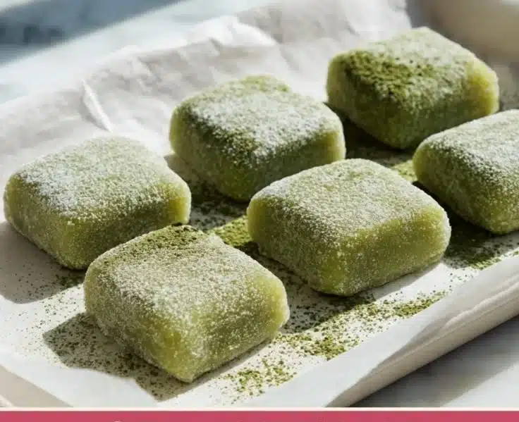Delicious strawberry cream mochi squares served on a plate