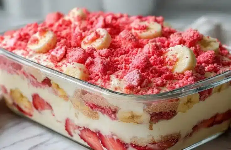 Strawberry Crunch Banana Pudding dessert with layers of bananas and crunchy topping