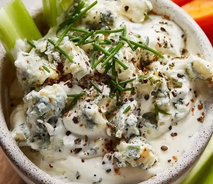 Thick and creamy homemade blue cheese dressing in a bowl with fresh herbs