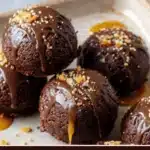 Delicious Brownie Bomb with Caramel dessert topped with chocolate drizzle
